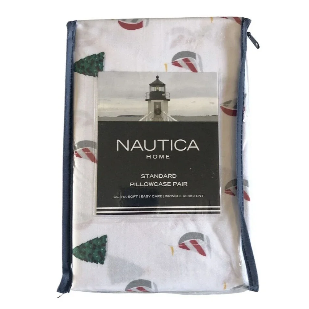 Nautica Christmas Tree Sailboat Standard Pillowcases Holiday Sails White 2 Pack